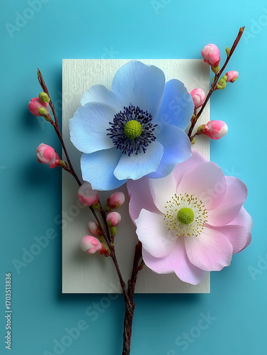 A blue and pink flower arrangement is displayed on a white background. The flowers are arranged in a way that they appear to be in a vase, with the stems sticking out of the frame