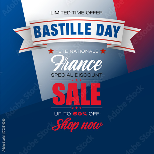 Holiday design, background with handwriting texts and national flag colors for Bastille day celebration, sales and commercial events; Vector illustration.