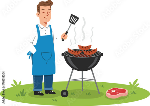 Man grilling burgers outdoors summer barbecue fun vector