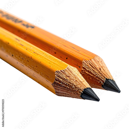 Close-up of two wooden pencils.  Graphite points meet.  Warm yellow wood