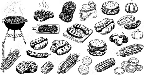 Hand drawn vector illustrations. BBQ collection. Barbeque design elements in sketch style. Fast food.