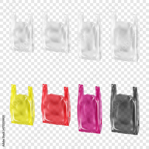 Clear plastic T-shirt bag. Realistic vector mockup. White, black, color. Easy to edit.  Blank transparent shopping Tshirt bag with handles. 3d mock-up. Carry polyethylene package. Template set