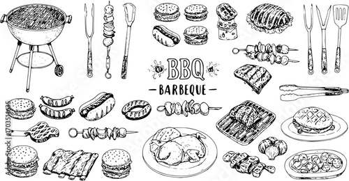 Hand drawn vector illustrations. BBQ collection. Barbeque design elements in sketch style. Fast food.