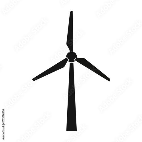 Black silhouette of a wind turbine with three blades on white background Keywords: wind turbine