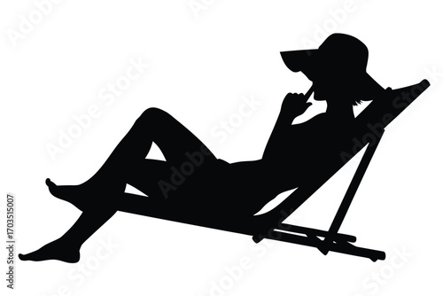 Silhouette of a woman with a hat lying on a chair while thinking