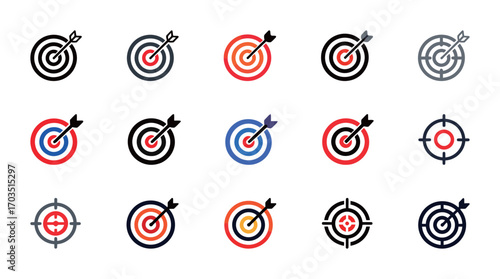 Set of target icons showing bullseye with arrow. Simple vector illustrations for business, marketing, and success concepts. Flat style for web, apps, and presentations on white background.