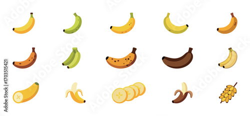 Set of banana icons showing different ripeness stages. Simple vector illustrations for fruit, healthy food, and diet concepts. Flat style for web, apps, and presentations on white background.