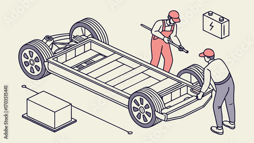 Vector isometric scene of electric car stopped at charging station, battery cut-in visible, representing ecological mobility and innovative battery technology.