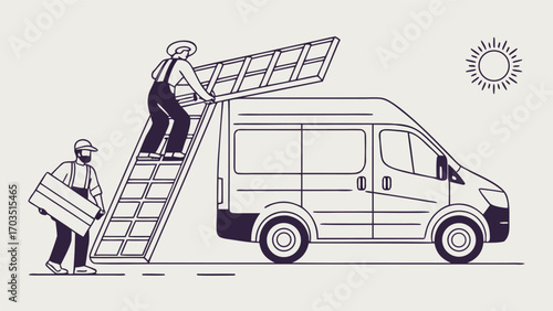 Team of solar installers working on house and office roofs in isometric view, promoting clean energy services and ecological sustainability.