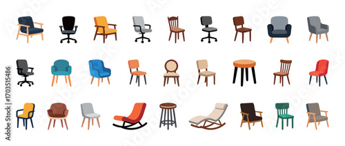 Set of chairs icons showing various styles and designs. Simple vector illustrations for furniture, interior, and home decor concepts. Flat style for web, apps, and presentations on white background.