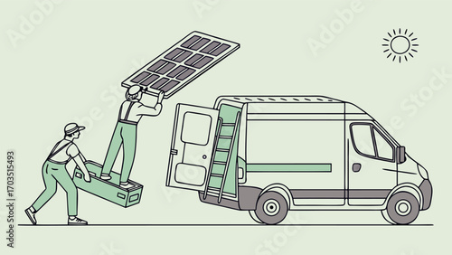 Solar service team depicted in isometric isolated vector, mounting panels on roofs for residential and commercial clients emphasizing green energy adoption.