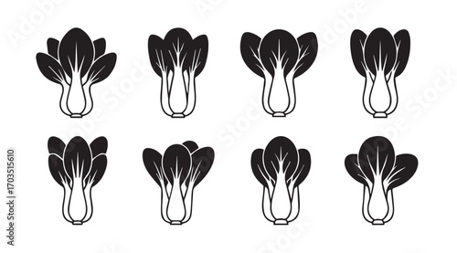 Collection of eight stylized bok choy vegetable silhouettes on a white background