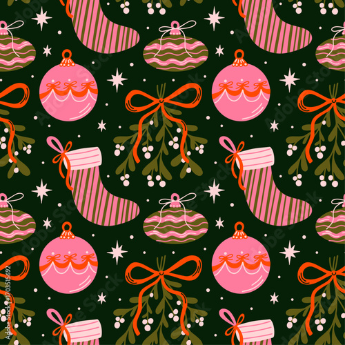Merry Christmas vector seamless pattern with colorful groovy funky cartoon illustration of bauble, retro ornaments, mistletoe wreath, bow knot with ribbon, gift, xmas holiday decor elements for design