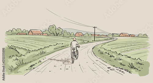 Motorcyclist riding down a rural road with houses in the distance