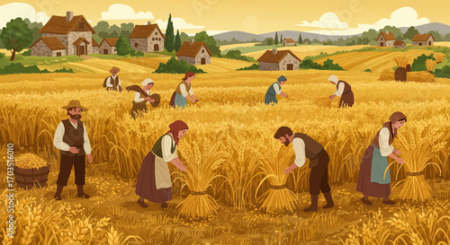 Rural Harvest Scene Farmers Gathering Wheat in a Golden Field