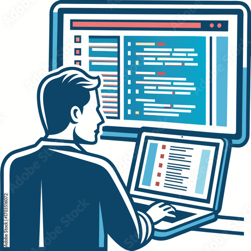Caucasian developer intently codes, displaying focus on both laptop screen and monitor behind it