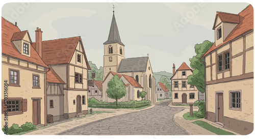 Quaint European Village Scene with Church and Half-Timbered Houses