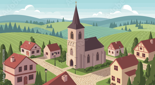 Charming Village Church in Rolling Hills Illustration