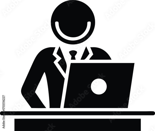 Smiling executive icon working on laptop, illustrating business efficiency in monochrome simplicity