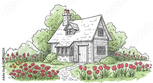 Charming cottage surrounded by vibrant red tulips and lush green trees