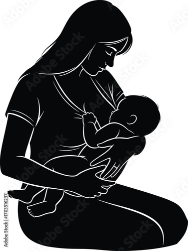 Mother breastfeeding baby sitting down, loving maternal care, nurturing infant feeding, family bonding, motherhood, baby care, parenting vector illustration