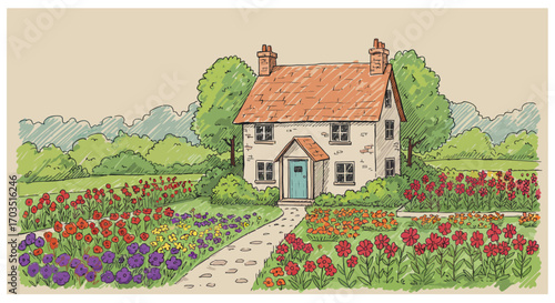 Charming Cottage Garden Illustration with Floral Landscape