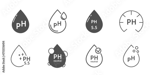 Ph icon, line simple set. Neutral balance skin, thin line web symbol. Drop with PH symbol. certified, tested products for skin, hair and food. Healthcare cosmetic natural 
