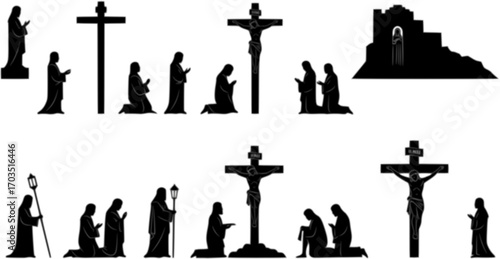 Stations of the Cross with Jesus Christ carrying the cross on Calvary hil