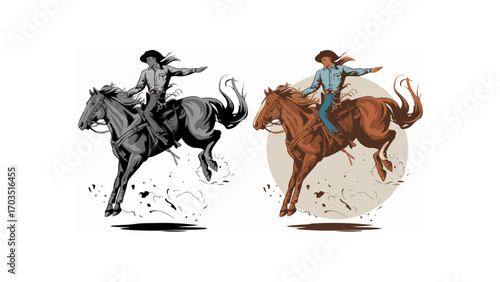 Cowboy riding wild bucking horse in rodeo arena, western country vector drawing