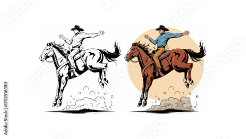 Rodeo cowboy balancing on bronco, wild west frontier action vector art