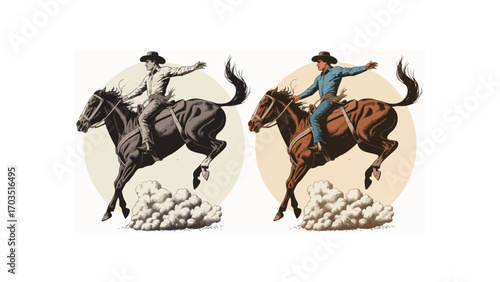 Rodeo cowboy in motion riding bucking bronco horse, frontier style illustration