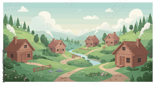 Idyllic rural village scene with wooden cabins in a green mountain valley