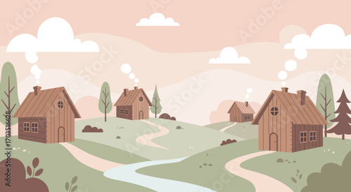 Charming Rural Village Landscape with Winding Paths and Cozy Homes Amidst Rolling Hills and Tranquil Scenery