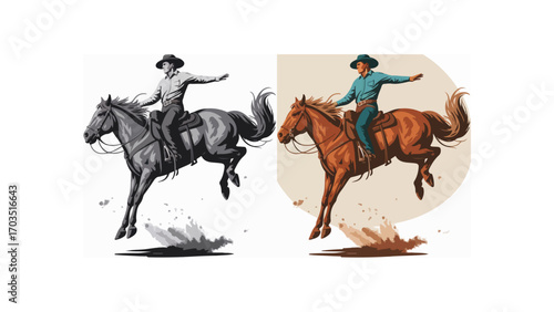Ranch cowboy riding bucking horse in rodeo competition, western vector drawing