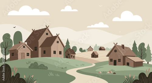 Serene Village Landscape Illustration