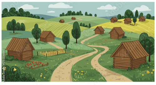 Idyllic Countryside Village Scene with Traditional Wooden Houses Amidst Rolling Green Hills and Winding Dirt Paths