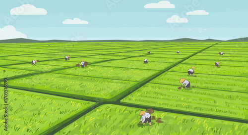 Farmers Working in a Lush Green Rice Field Under a Clear Sky