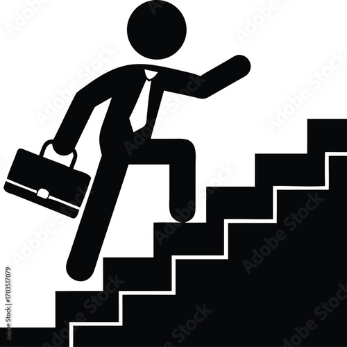 Black silhouette of a man with a briefcase ascending steps in forward motion