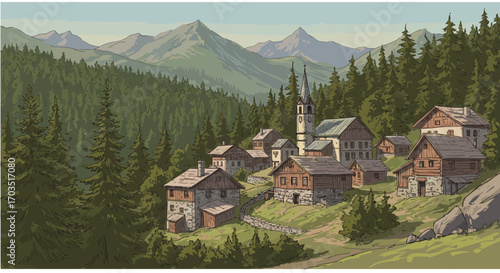 Idyllic illustration of a remote village in a green mountain valley