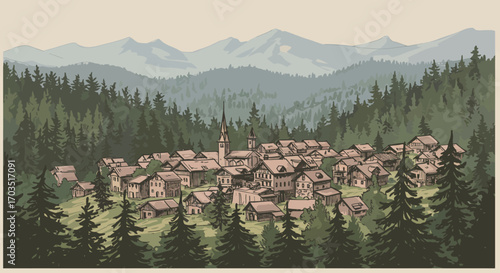 Rustic alpine village nestled in a tranquil mountain forest valley illustration
