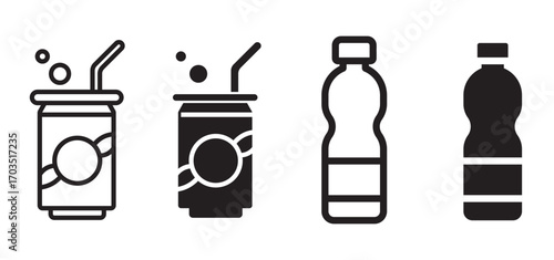 Water bottle icons. stroke line and black solid icons. Protein shake icon in black modern and lines. Soda icon set. soda can sign. for mobile concept and web design. vector illustration on white backg