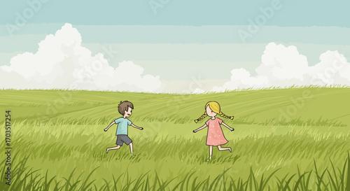 Charming illustration of a happy boy and girl running towards each other in a green meadow