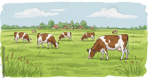 Pastoral Scene with Happy Dairy Cows Grazing in a Green Field Under a Bright Sky with a Charming Village in the Distance