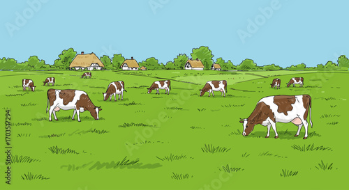 Tranquil rural landscape illustration with dairy cows peacefully grazing in a lush green meadow