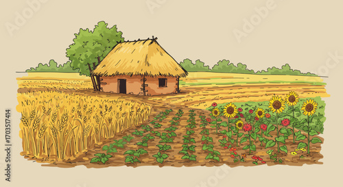 Rustic Farmhouse Amidst Sunflowers and Wheat Fields