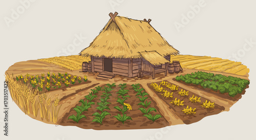 Traditional Thatched-Roof Farmhouse Surrounded by Lush Cultivated Fields Illustrating Sustainable Rural Living