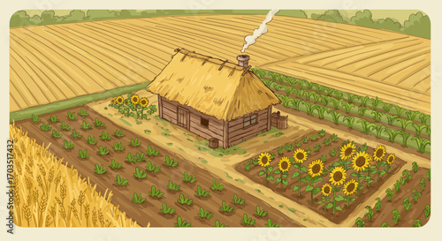 Stylized illustration of a rustic homestead with a log cabin and farmland