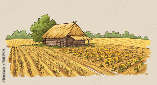 Idyllic countryside farm scenery with a thatched roof barn and golden fields