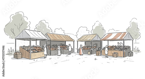 Hand-drawn illustration of a rustic outdoor village market scene