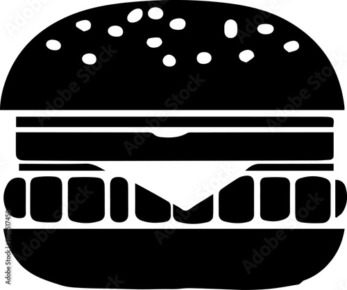 Black and white drawing of a hamburger with a bun and a slice of cheese. The burger is cut in half, and the bun is visible on the left side